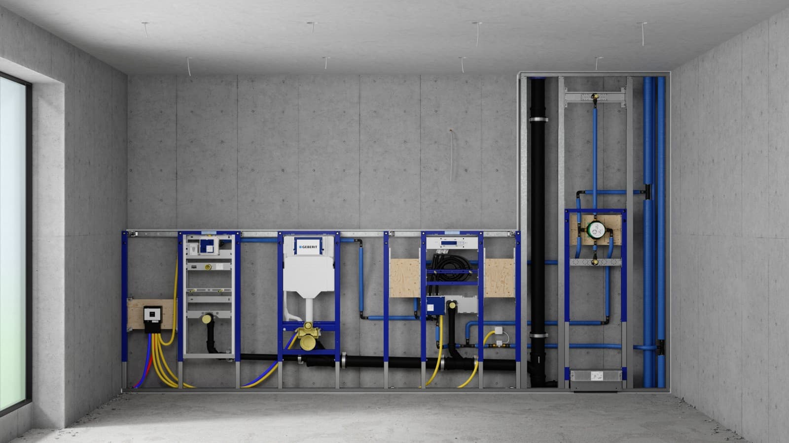 Instalační stěna s prvky Geberit Duofix pro pisoár, WC, umyvadlo a sprchu Instalační stěna s prvky Geberit Duofix pro pisoár, WC, umyvadlo a sprchu