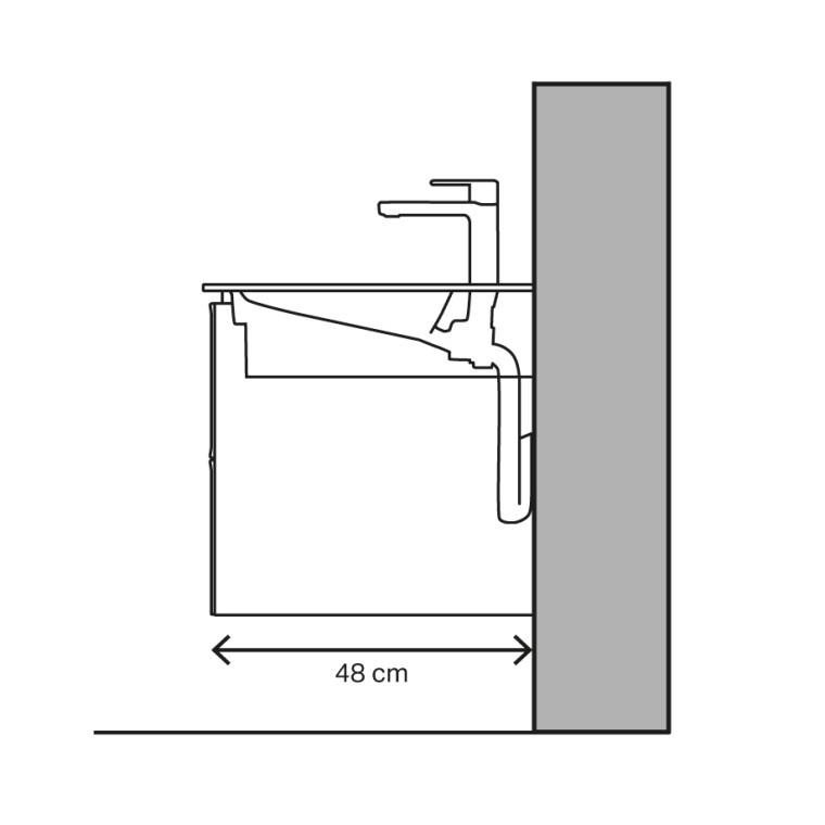 Nákres umyvadla s hloubkou 48 cm s vodorovným odtokem Nákres umyvadla s hloubkou 48 cm s vodorovným odtokem