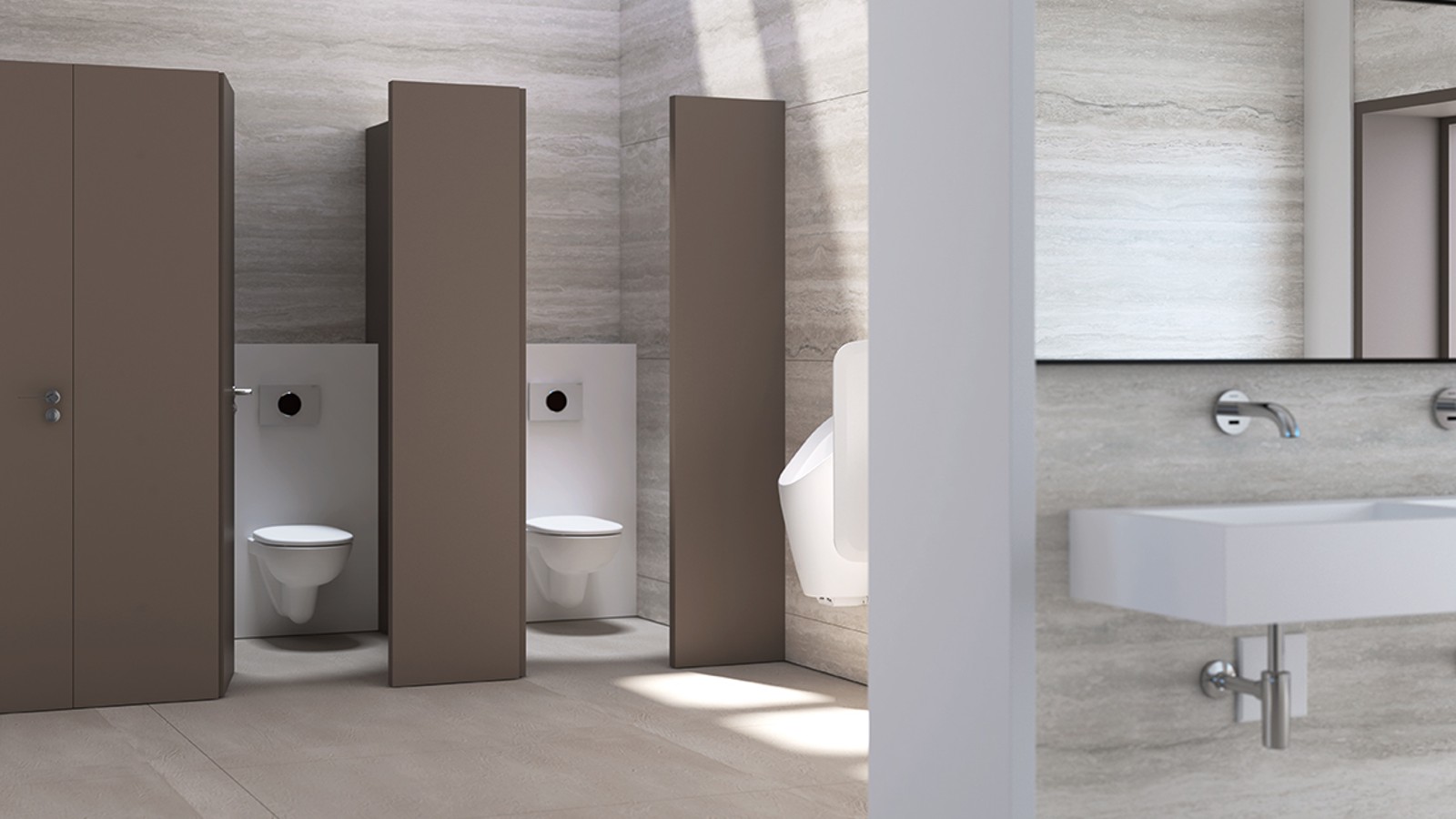 Veřejné toalety se splachovacími nádržkami, ovládáním splachování a pisoáry Geberit