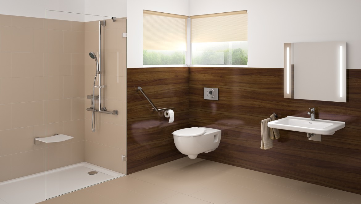 Bezbariérová koupelna s umyvadlem, toaletou a sprchou v úrovni podlahy
