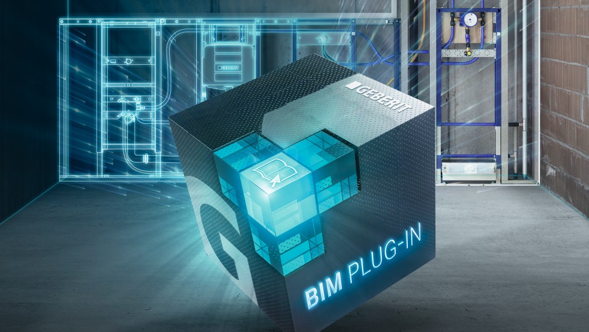 BIM plug-in s konceptem koupelny na staveništi v pozadí