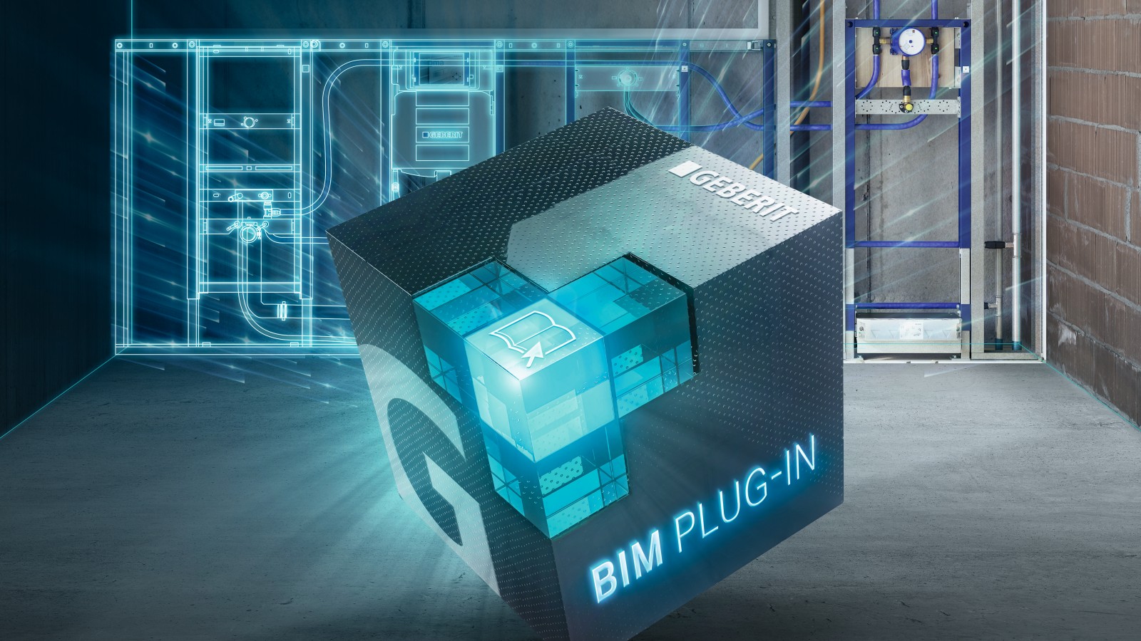 BIM plug-in s konceptem koupelny na staveništi v pozadí BIM plug-in s konceptem koupelny na staveništi v pozadí
