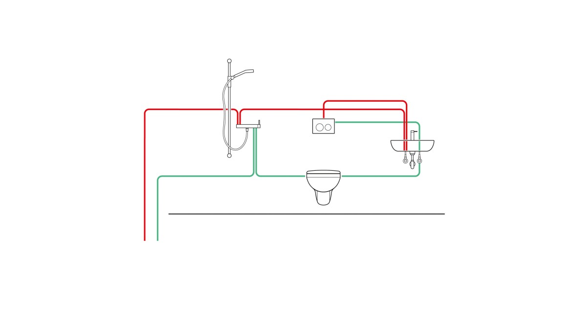 Příklad vodovodního potrubí s hygienickým propláchnutím Geberit integrovaným v podomítkové nádržce s intervalovým řízením (© Geberit)