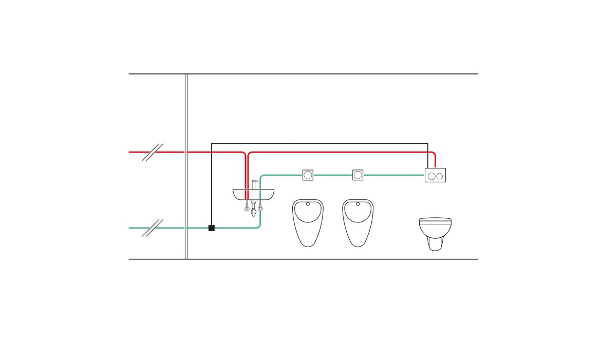 Příklad zapojení teplotně řízené skryté splachovací nádržky s hygienickou splachovací jednotkou a použitím teplotního čidla (© Geberit)