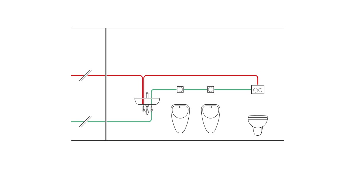 Příklad potrubí časově řízené hygienické splachovací jednotky (© Geberit)