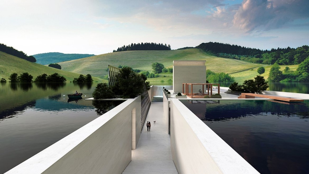 The H.O.M.E. Haus 2022 od architekty Hadi Teherani na pozadí zelených kopců (© Bloomrealities/HTA für H.O.M.E. Haus 2022)