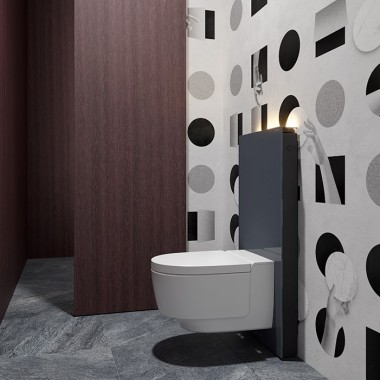 WC pro hosty se sprchovacím WC Geberit AquaClean Mera a sanitárním modulem Monolith (© Bloomrealities / HTA für H.O.M.E. Haus 2022)