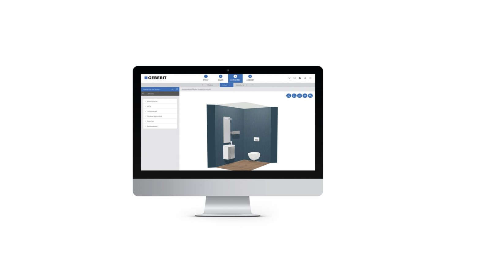 Snímek obrazovky nástroje Geberit 3D pro plánování koupelen