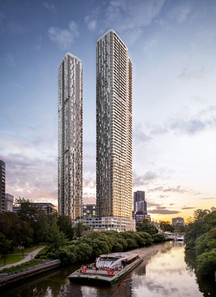 Dvě věže 180 George Towers se tyčí nad západním předměstím Sydney (© Meriton Group)