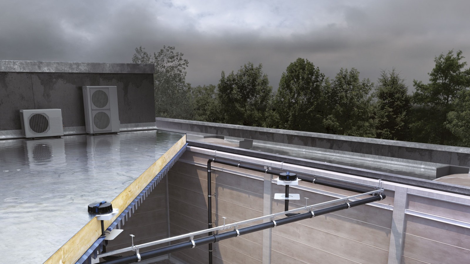 Systém Pluvia dokáže odvést dešťovou vodu ze všech tří budov pomocí relativně malého počtu vtoků (© Geberit)