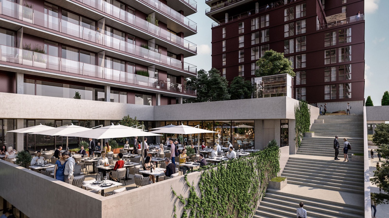 Součástí komplexu jsou předsazené terasy s gastronomickými podniky (© Soravia) Součástí komplexu jsou předsazené terasy s gastronomickými podniky (© Soravia)