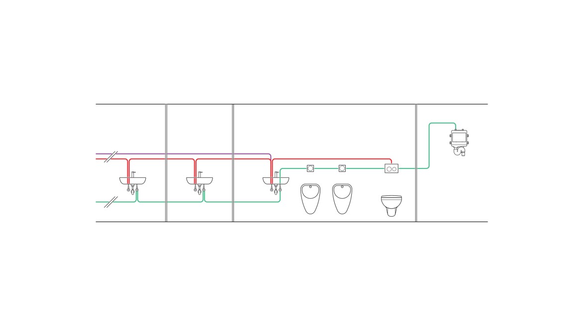 Příklad potrubí intervalově řízené hygienické splachovací jednotky se dvěma učebnami, WC a technickou místností (© Geberit)