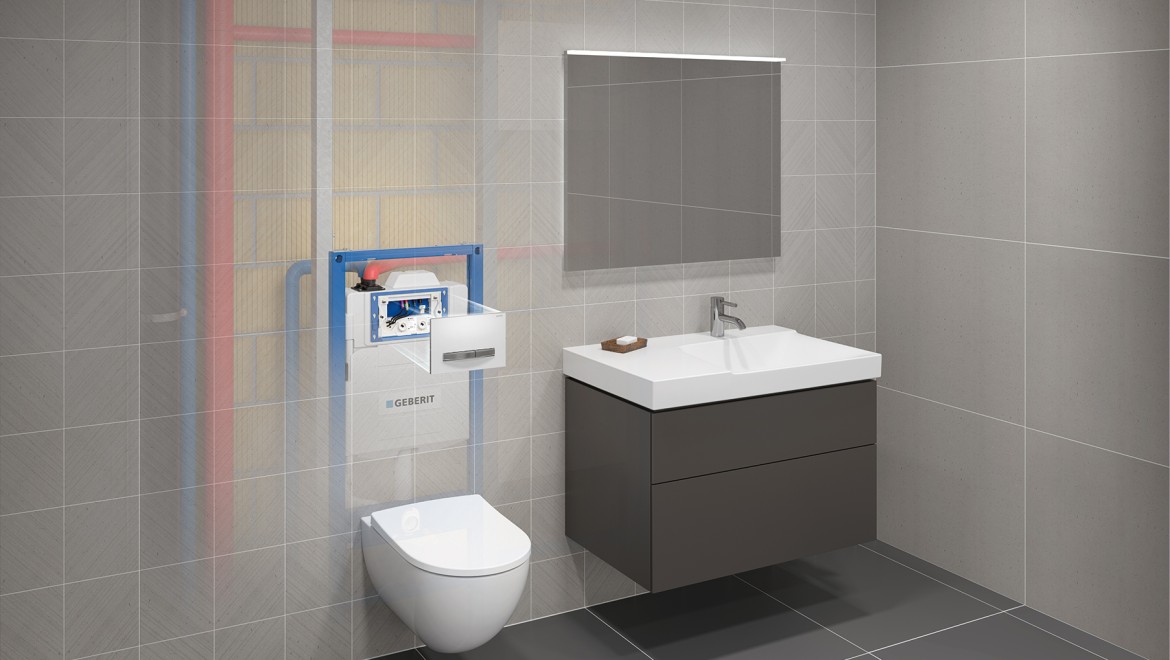 Hygiene flush unit integrated into the concealed cistern that can be used for room sections (such as individual apartments) (© Geberit)