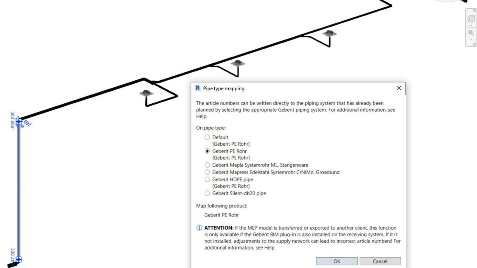přiřazení katalogového čísla k vybraným potrubím v Geberit BIM plug-in přiřazení katalogového čísla k vybraným potrubím v Geberit BIM plug-in