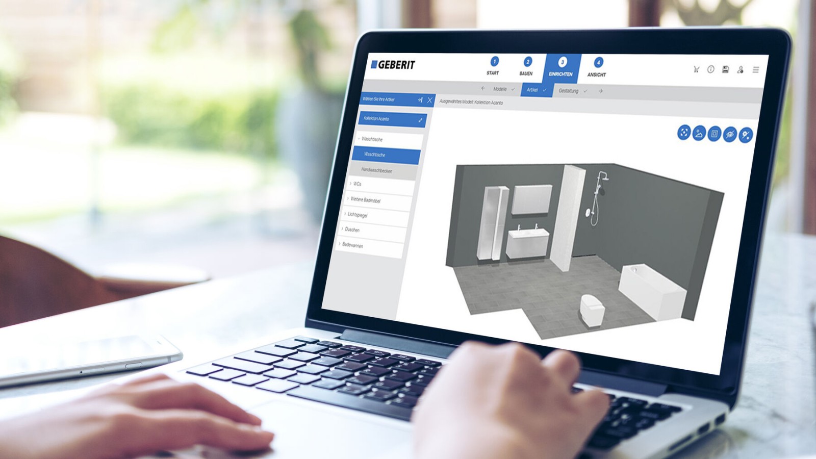 Laptop with screenshot from the Geberit 3D bathroom planner Laptop with screenshot from the Geberit 3D bathroom planner