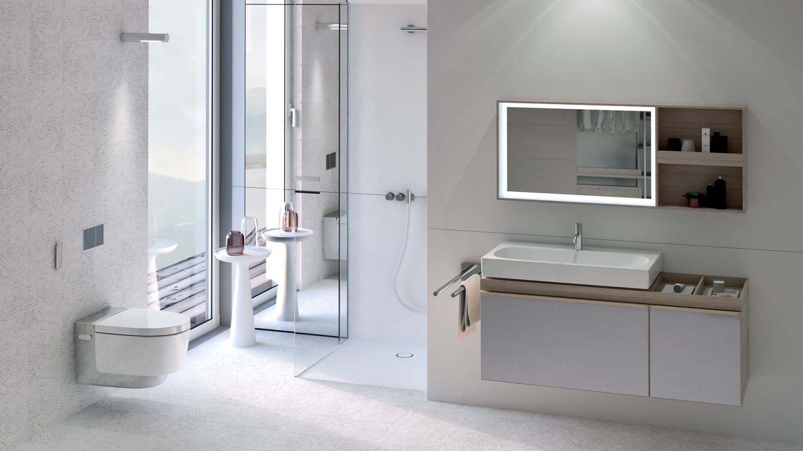 Koupelna se sprchovací toaletou Geberit AquaClean Mera v chromovém provedení Koupelna se sprchovací toaletou Geberit AquaClean Mera v chromovém provedení
