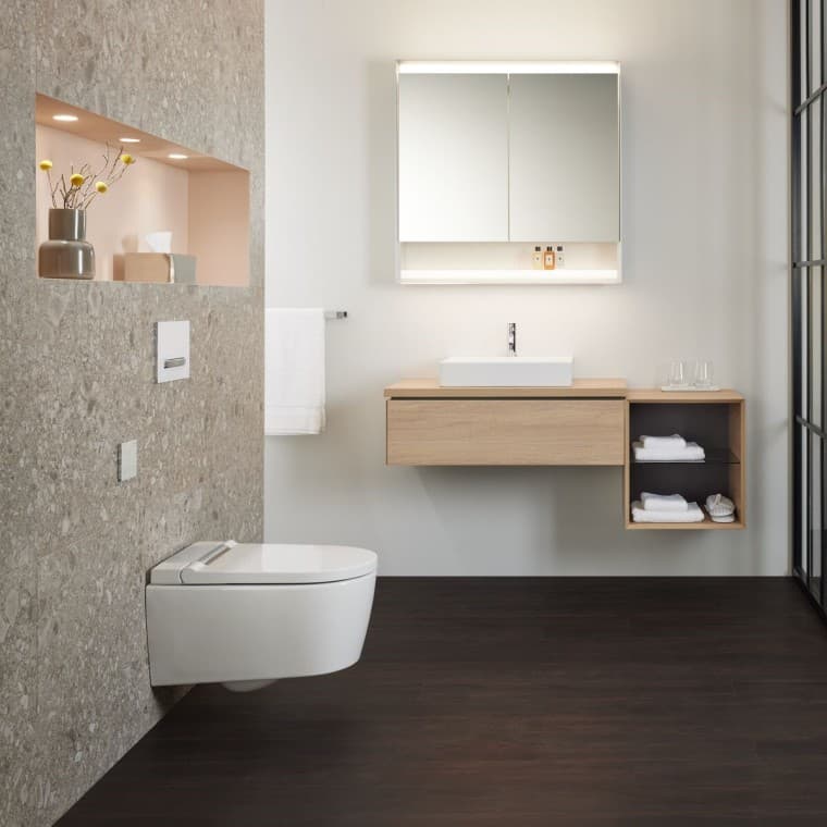 Geberit ONE washbasin and Geberit AquaClean Sela with wall-mounted control panel Geberit ONE washbasin and Geberit AquaClean Sela with wall-mounted control panel