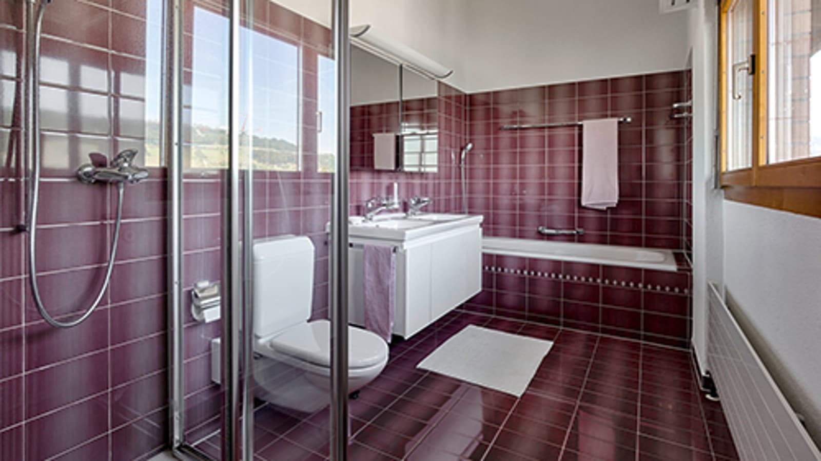 Koupelna s červenými dlaždicemi před rekonstrukcí Koupelna s červenými dlaždicemi před rekonstrukcí