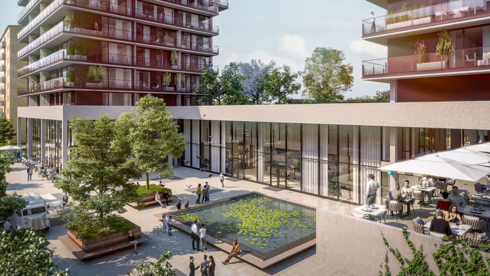 V přízemí jsou tři výškové budovy propojené. (© Soravia) V přízemí jsou tři výškové budovy propojené. (© Soravia)