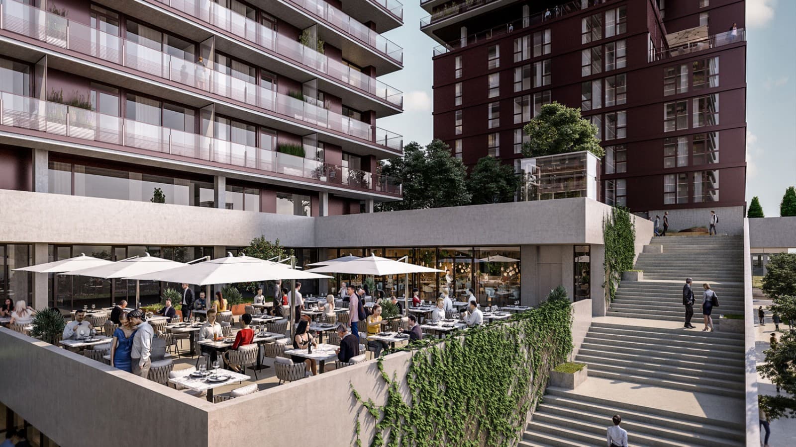 Součástí komplexu jsou předsazené terasy s gastronomickými podniky (© Soravia) Součástí komplexu jsou předsazené terasy s gastronomickými podniky (© Soravia)